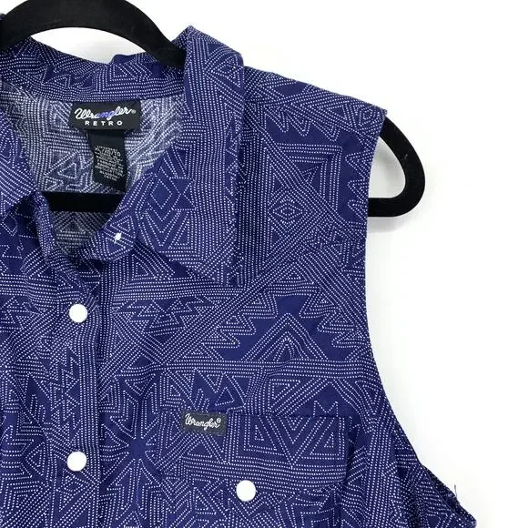 Wrangler Retro Snap Front Sleeveless Shirt Womens Sz XL Blue White Western Print - Picture 3 of 5